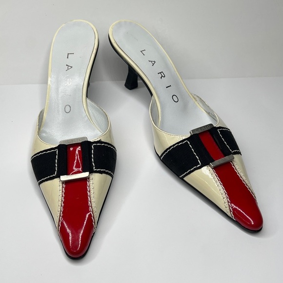 Lario Sz 36 Kitten Heel Patent Leather Ribbon Pointed Toe Slip On Mules Shoes - Picture 2 of 13